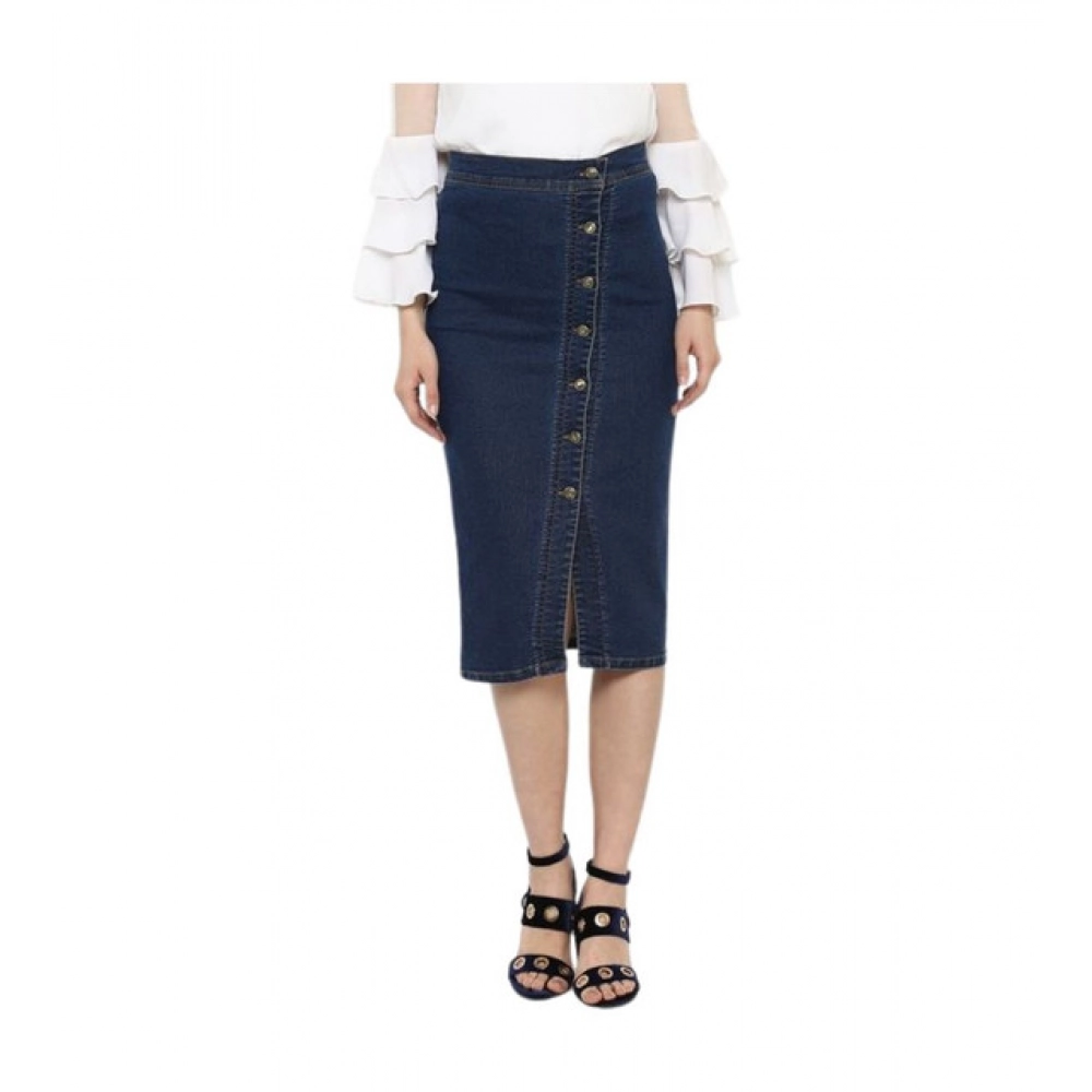 Women's Denim Front Button Buttoned Skirt (Blue)