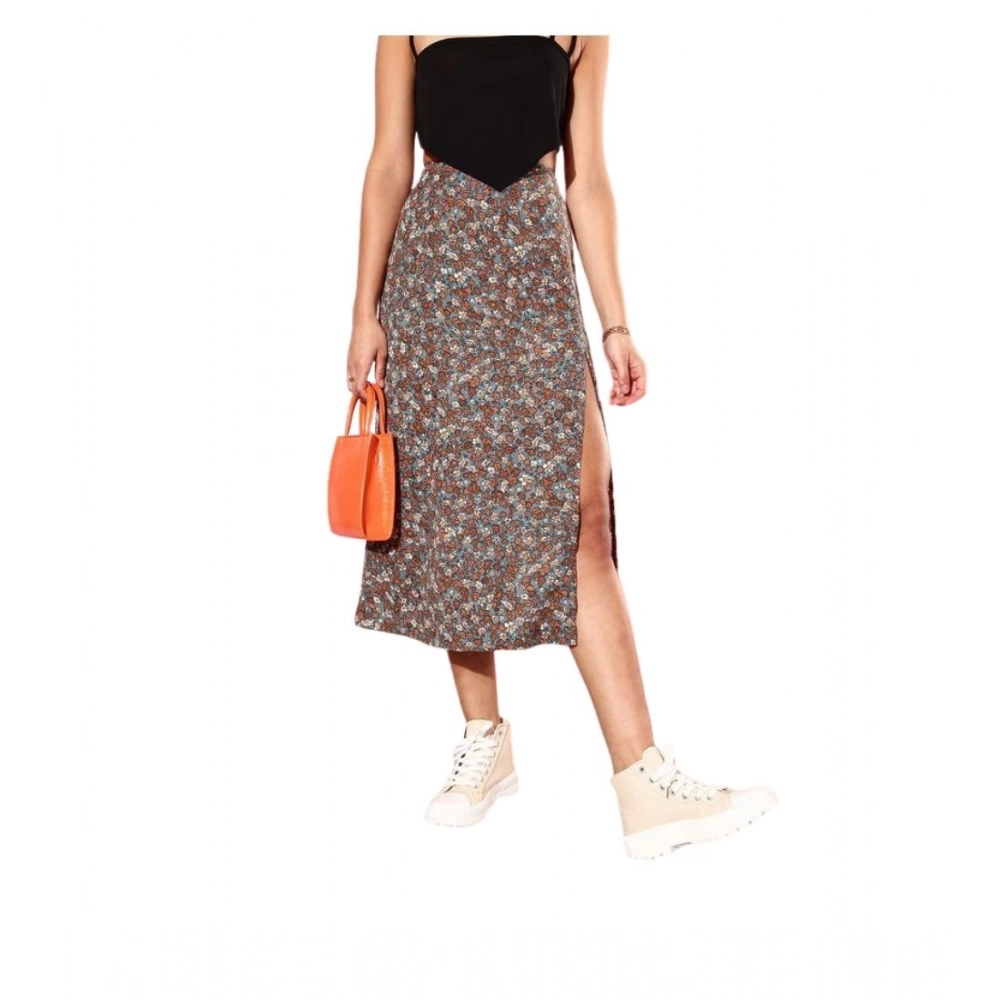 Women's Polyester Floral Side Zip Skirt (Grey - Coral)