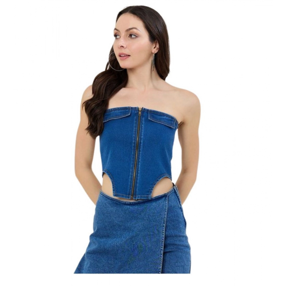 Women's Denim Lycra Solid Sleeveless Top (Blue)