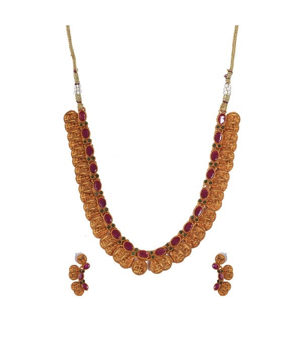 Women's Elegent Laxmi Coin Shape Jewellery Chowker Set (Red, Free Size)