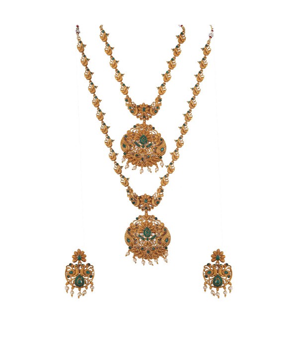 Women's Elegent And Modern Double Line Temple Jewellery Set (Green, Free Size)