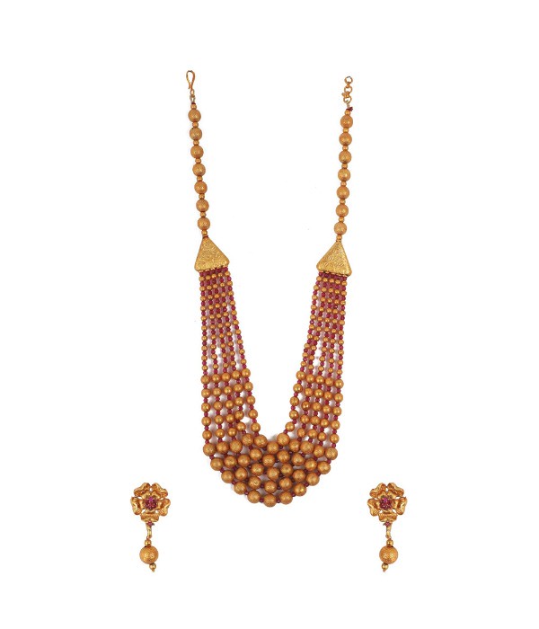 Women's Ethnic Five Layer Brass Mala With Crystal For Women And Girls (Red, Free Size)