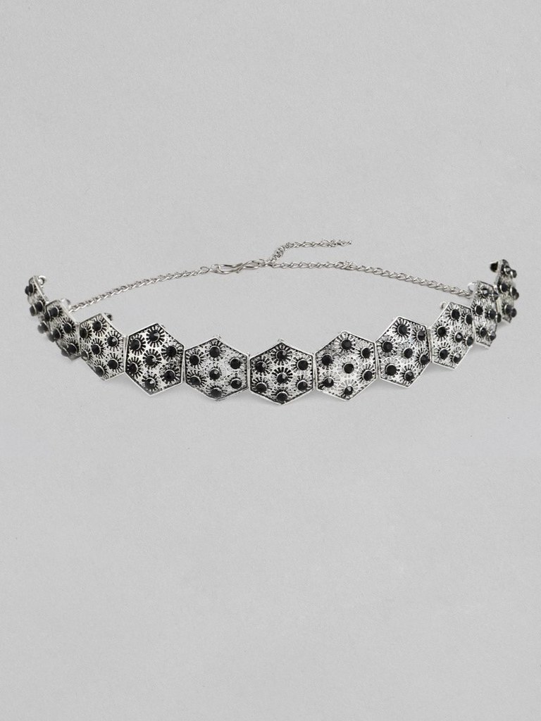 Women's Rose Gold Plated Alloy Choker (Silver &amp; Black)