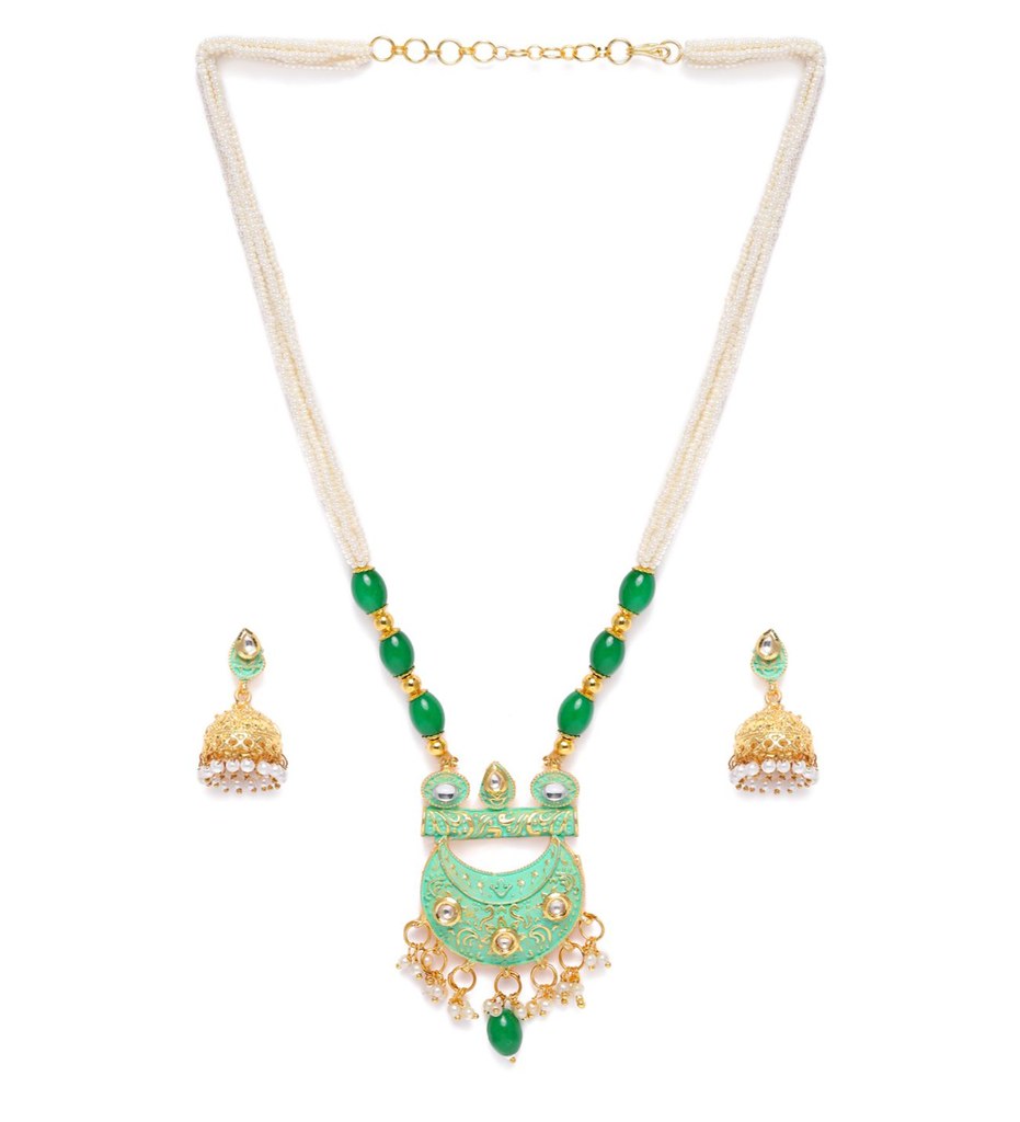 Women's Rose Gold Plated Alloy Necklace &amp; Earings Set (Green)