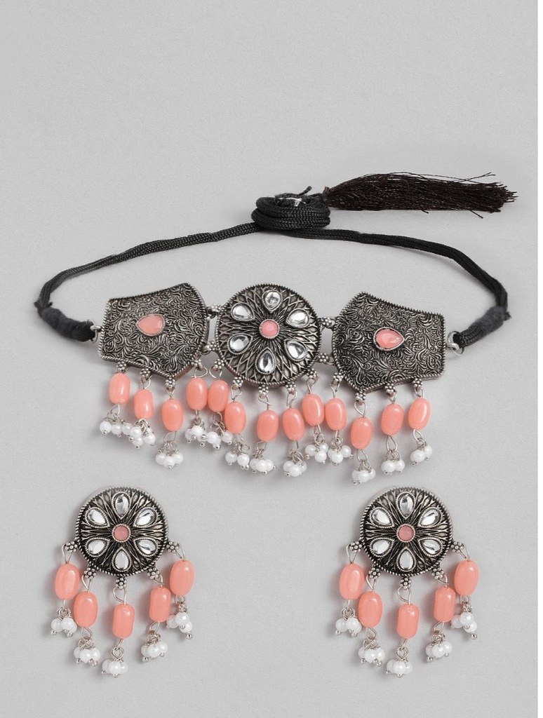 Women's Rose Gold Plated Alloy Necklace &amp; Earings Set (Orange)