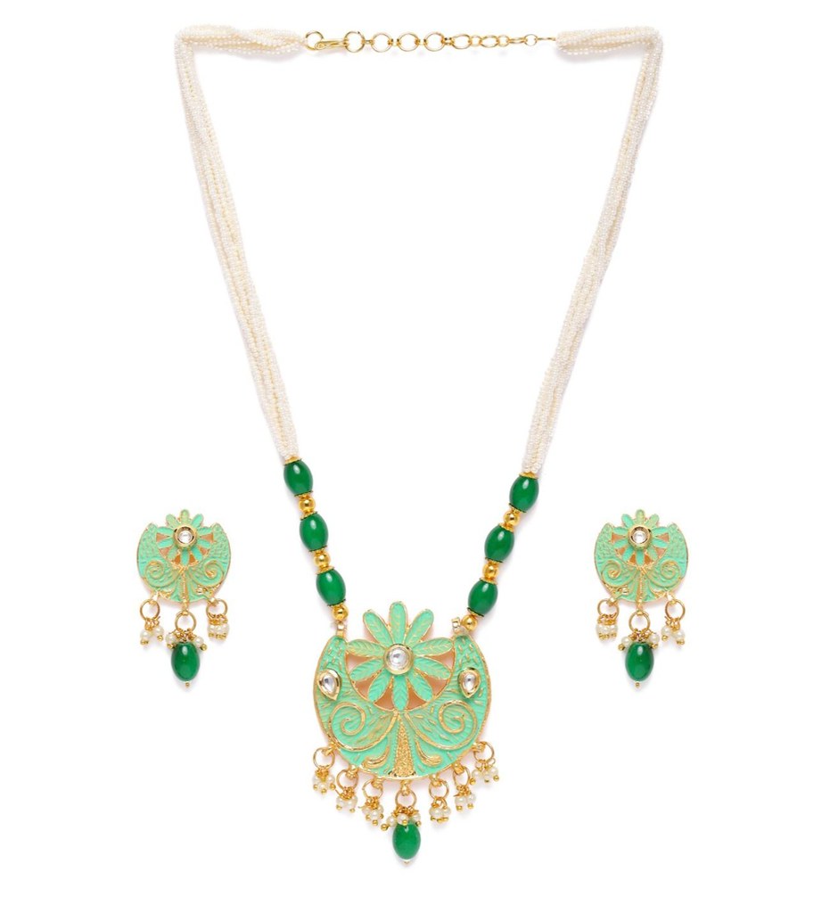 Women's Rose Gold Plated Alloy Necklace &amp; Earings Set (Green)
