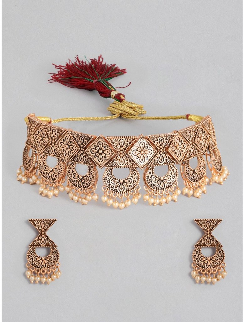 Women's Rose Gold Plated Alloy Necklace &amp; Earings Set (Gold)