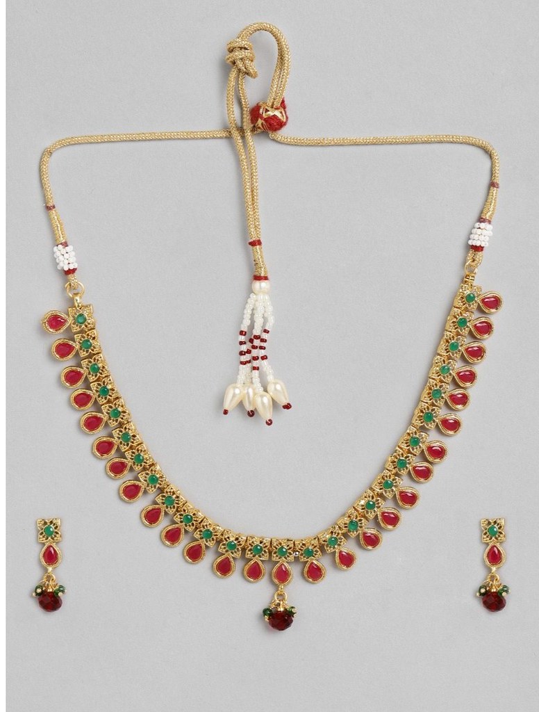 Women's Rose Gold Plated Alloy Necklace &amp; Earings Set (Green &amp; Red)