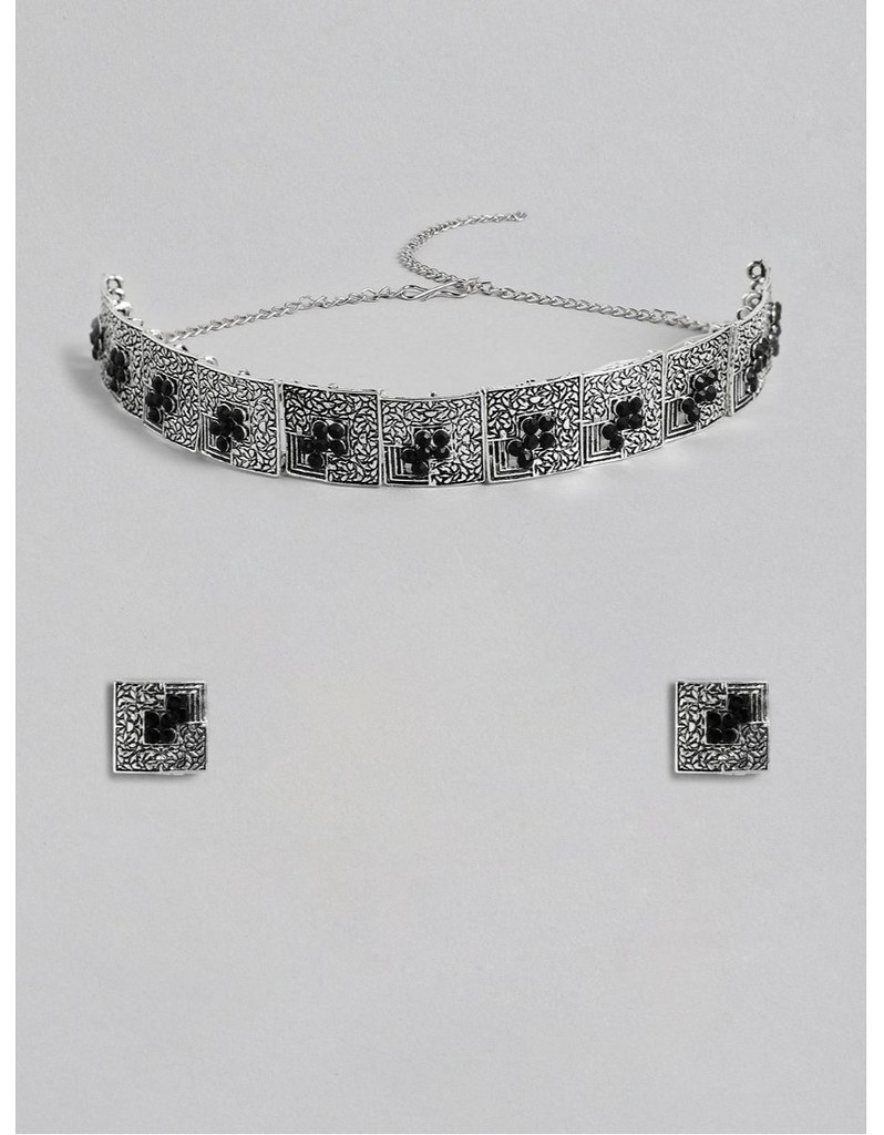 Women's Rose Gold Plated Alloy Necklace &amp; Earings Set (Silver &amp; Black)