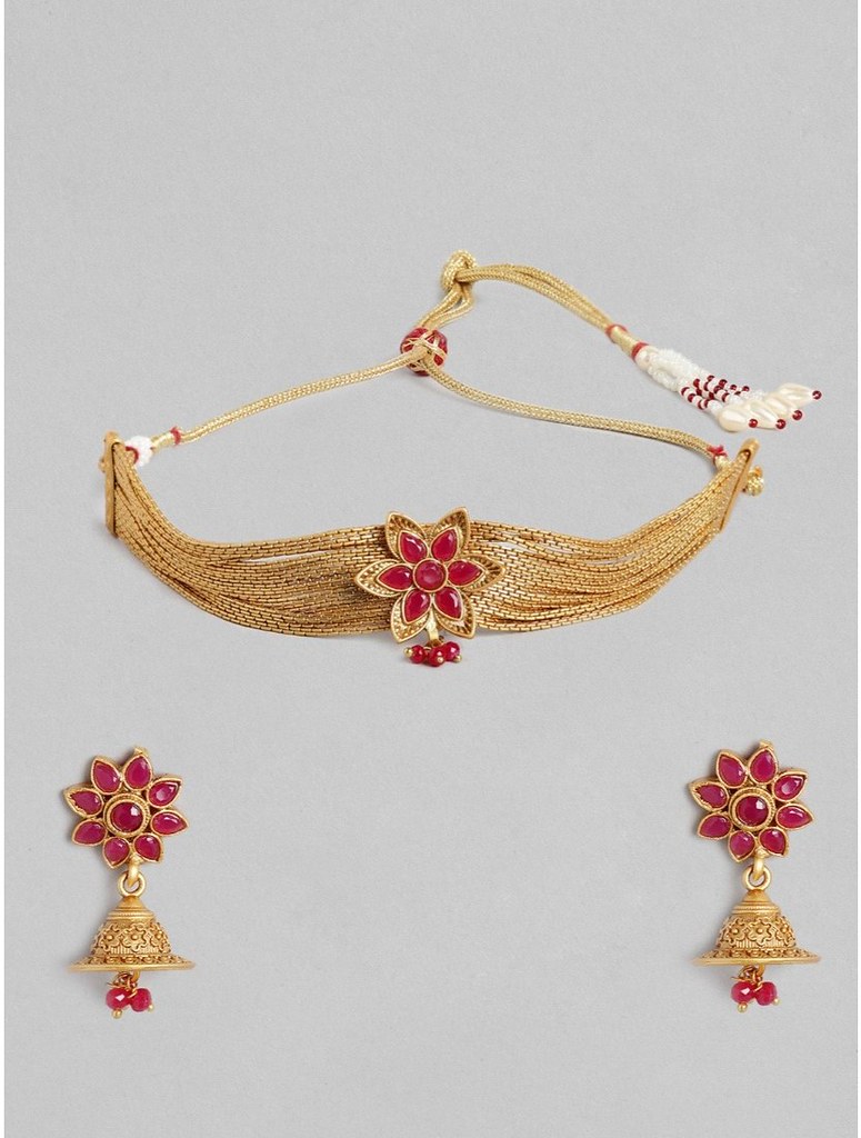 Women's Rose Gold Plated Alloy Necklace &amp; Earings Set (Gold)