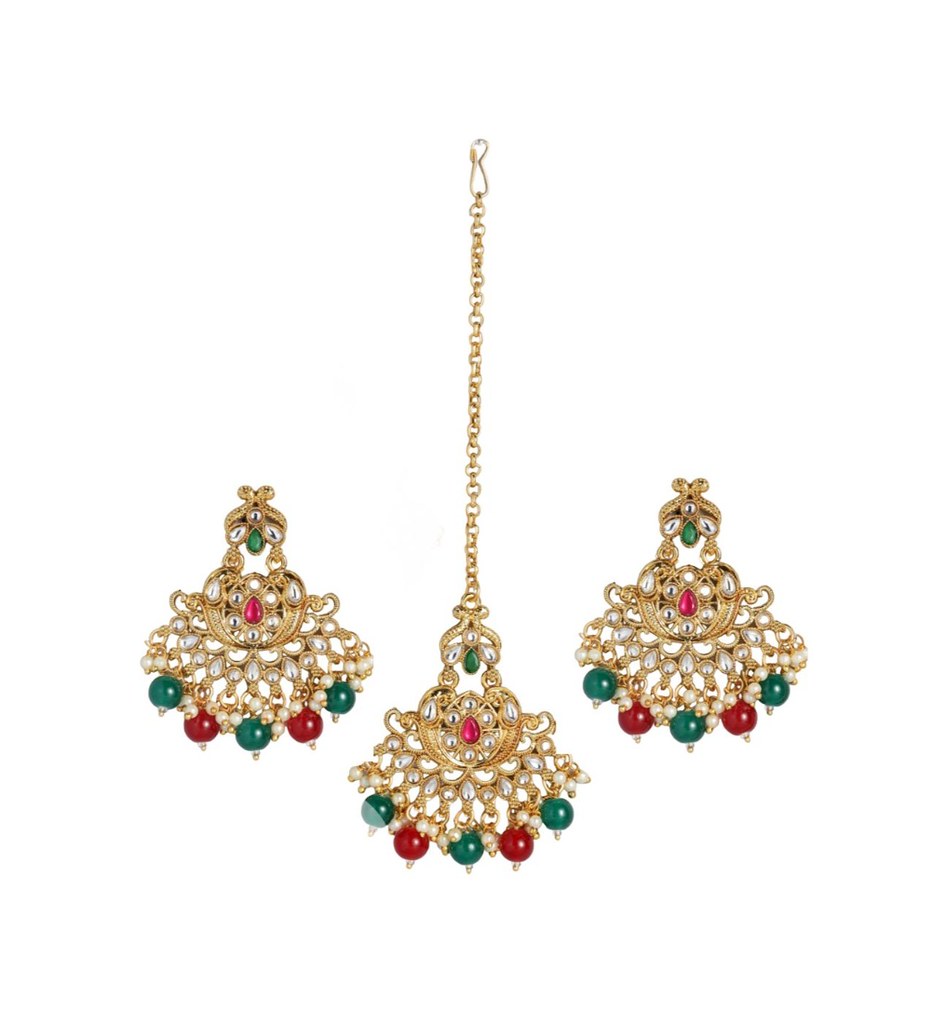 Women's Rose Gold Plated Alloy Kundan Earrings &amp; Mangtikka (Red &amp; Green)