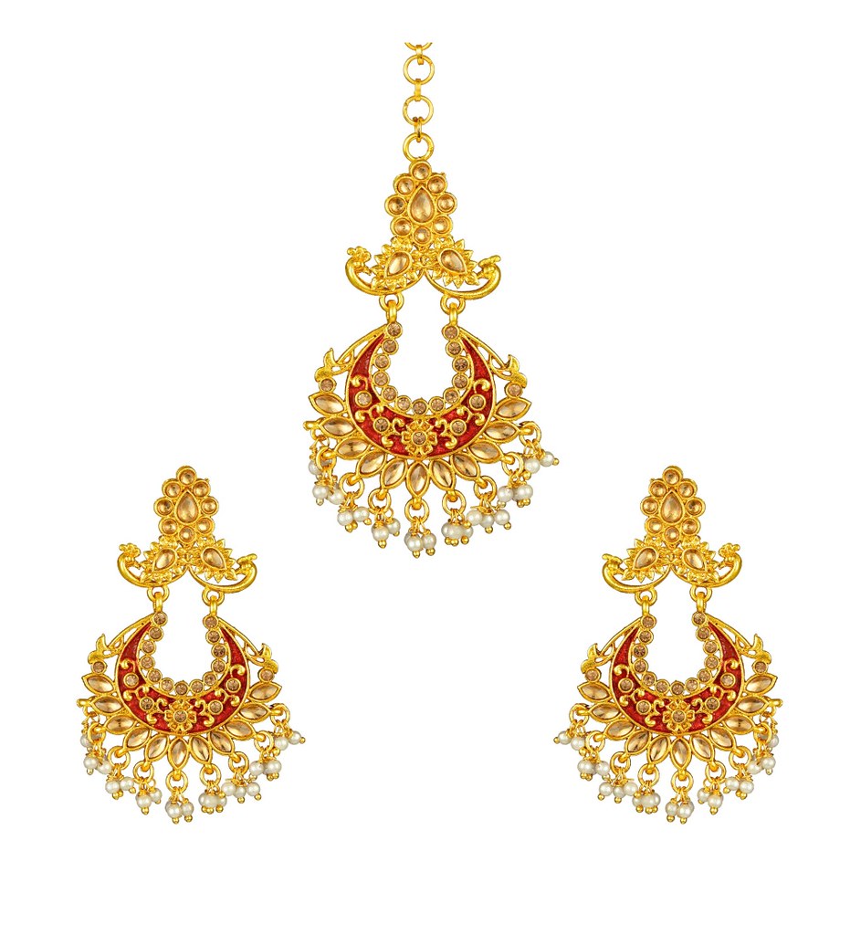 Women's Rose Gold Plated Alloy Kundan Earrings &amp; Mangtikka (Maroon)