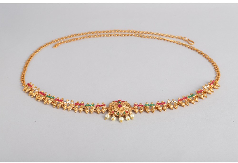 Women's Rose Gold Plated Alloy Hip Belt Kamarband (Red &amp; Green)