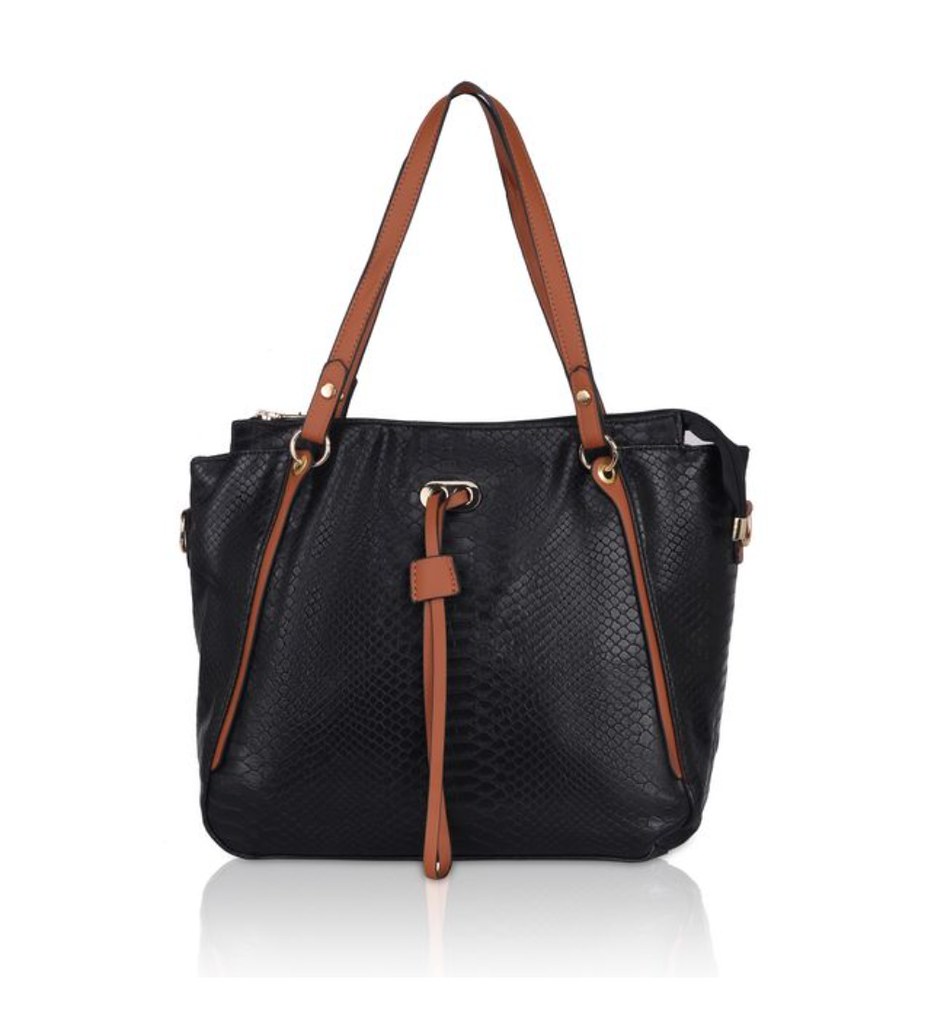 Women's Faux Leather Textured Tote Bag (Black)