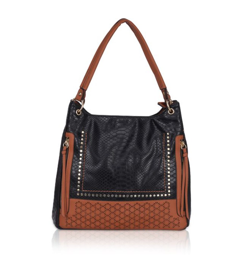 Women's Faux Leather Textured Tote Bag (Black)