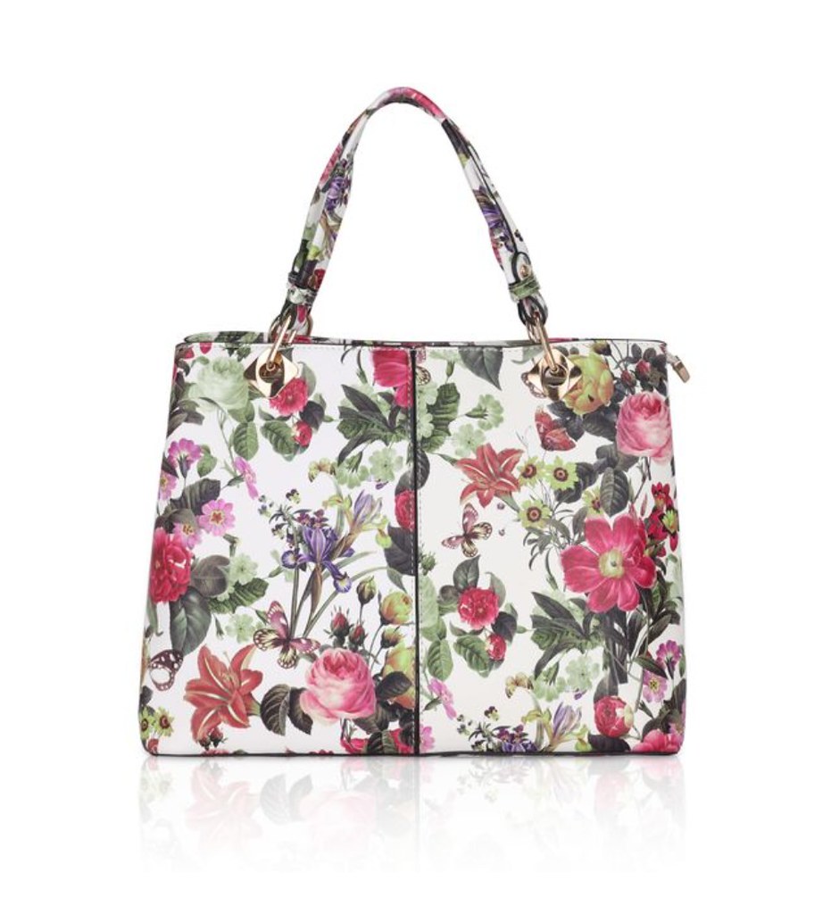 Women's Faux Leather Printed Handheld Bag (White Pink)