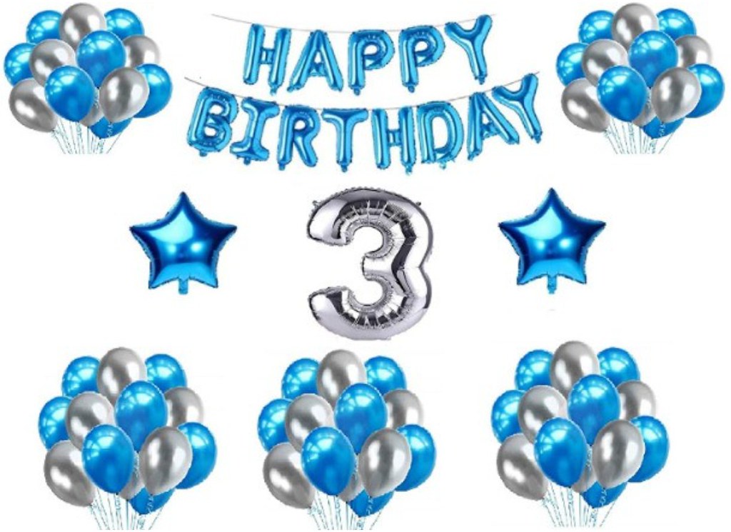 3Rd Happy Birthday Decoration Combo With Foil And Star Balloons (Blue, Silver)