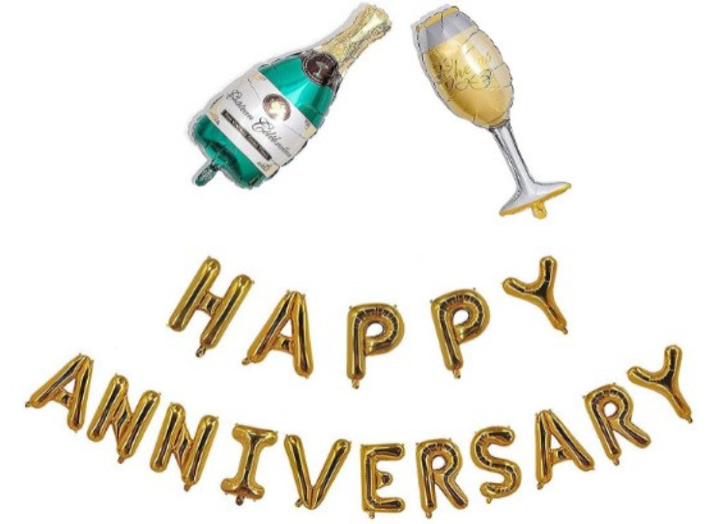 Happy Anniversary Alphabet Foil Balloon Combo With Bottle And Cheersglass Balloons (Multicolor)