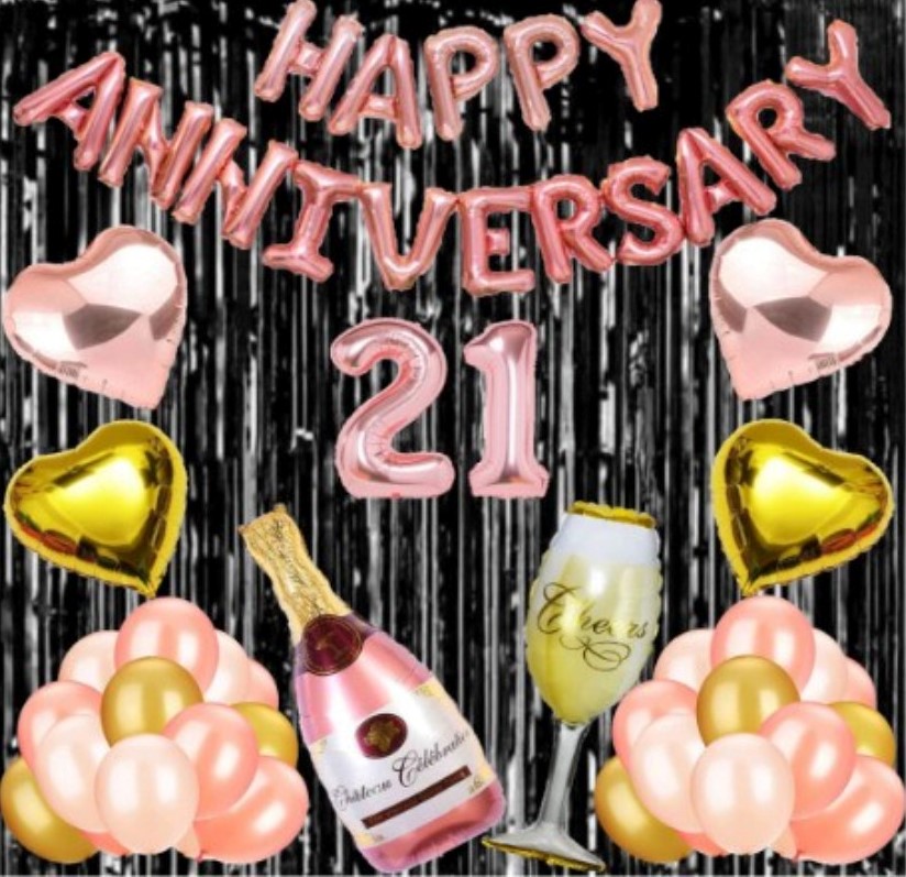 21St Anniversary Rose Gold Foil Balloons With Happy Decoration Items Set (Rose Gold)