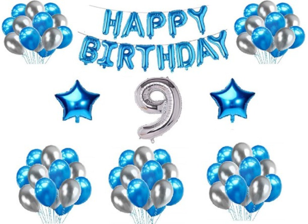 9Th Happy Birthday Decoration Combo With Foil And Star Balloons (Blue, Silver)
