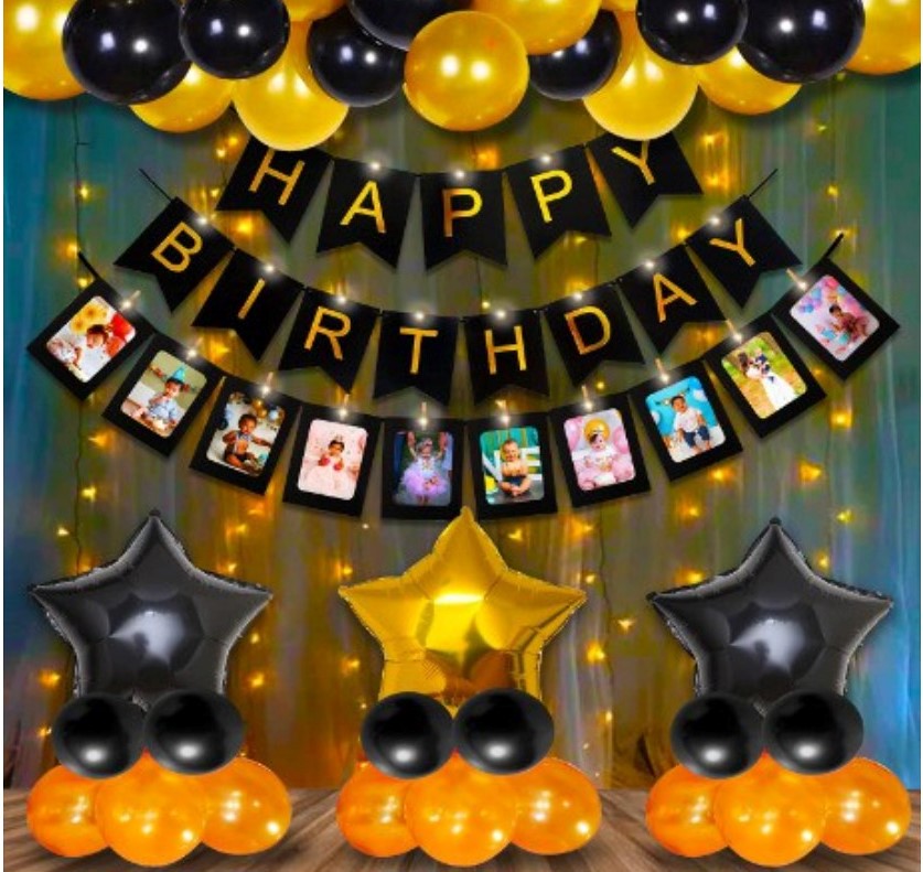 Happy Birthday Decoration Combo Of Foil Curtain, Banner And Balloons (Multicolor)