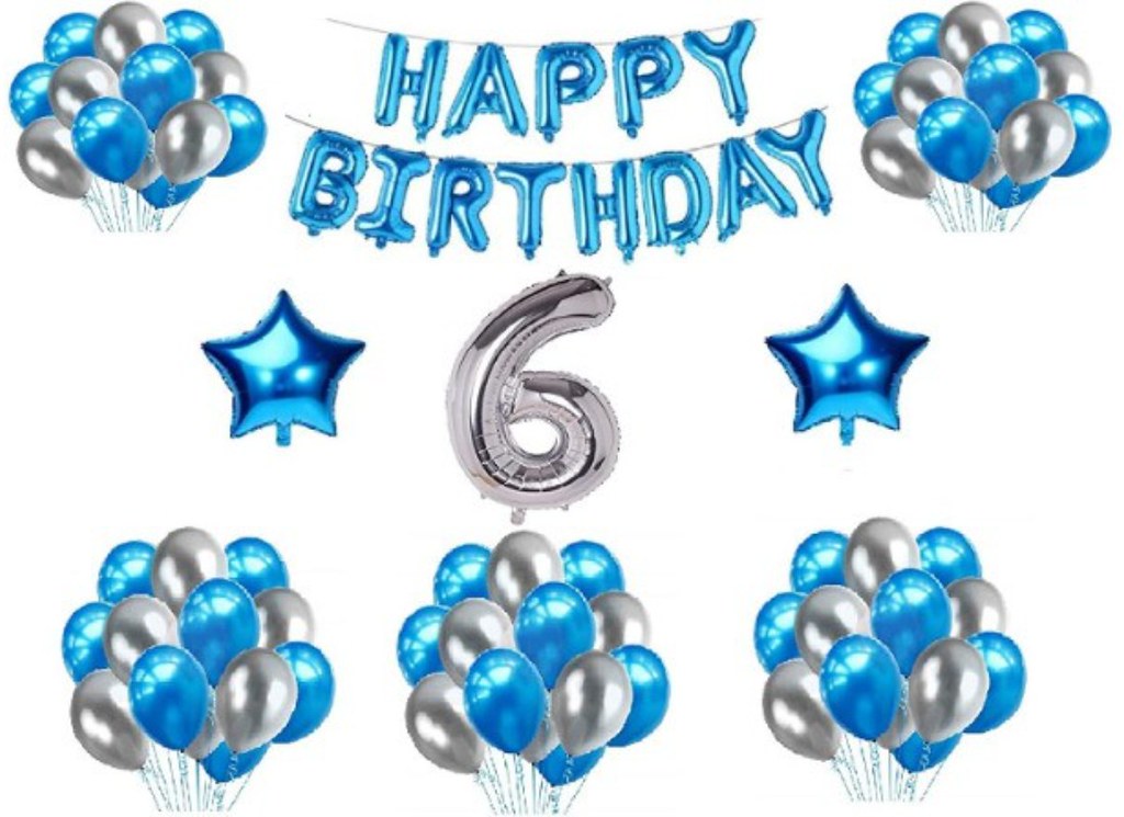 6Th Happy Birthday Decoration Combo With Foil And Star Balloons (Blue, Silver)