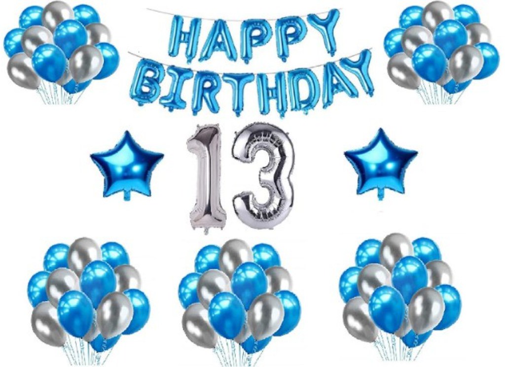 13Th Happy Birthday Decoration Combo With Foil And Star Balloons (Blue, Silver)