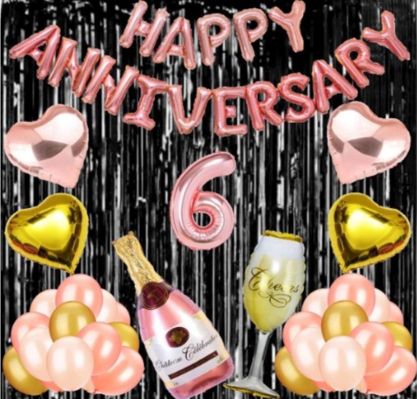 6Th Anniversary Rose Gold Foil Balloons With Happy Decoration Items Set (Rose Gold)