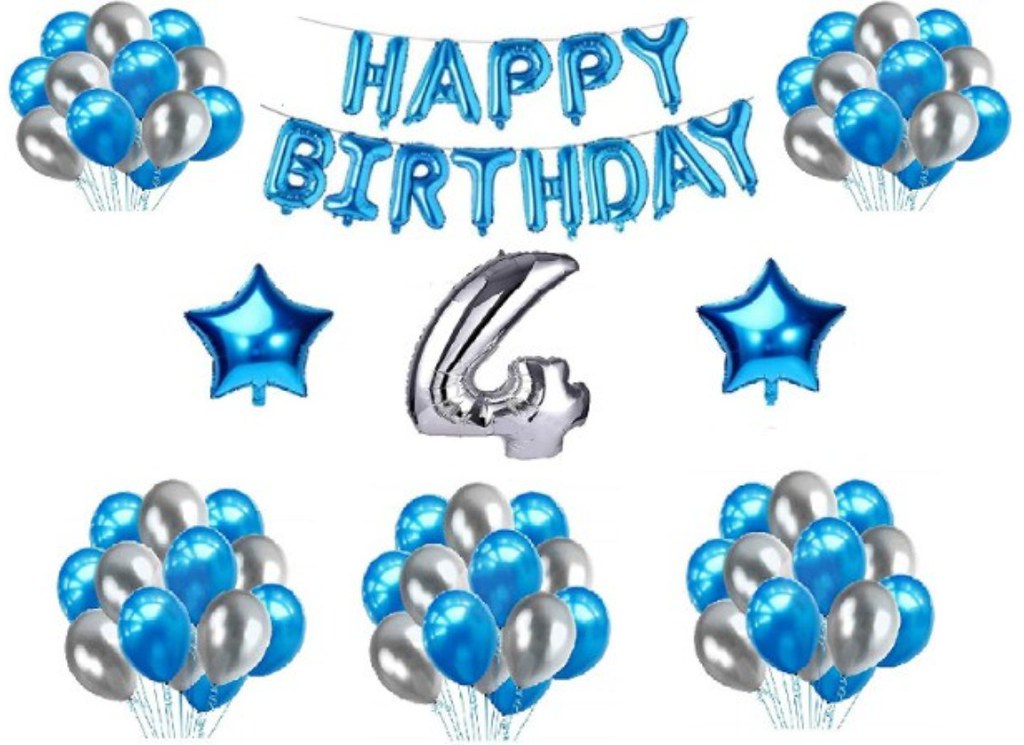 4Th Happy Birthday Decoration Combo With Foil And Star Balloons (Blue, Silver)