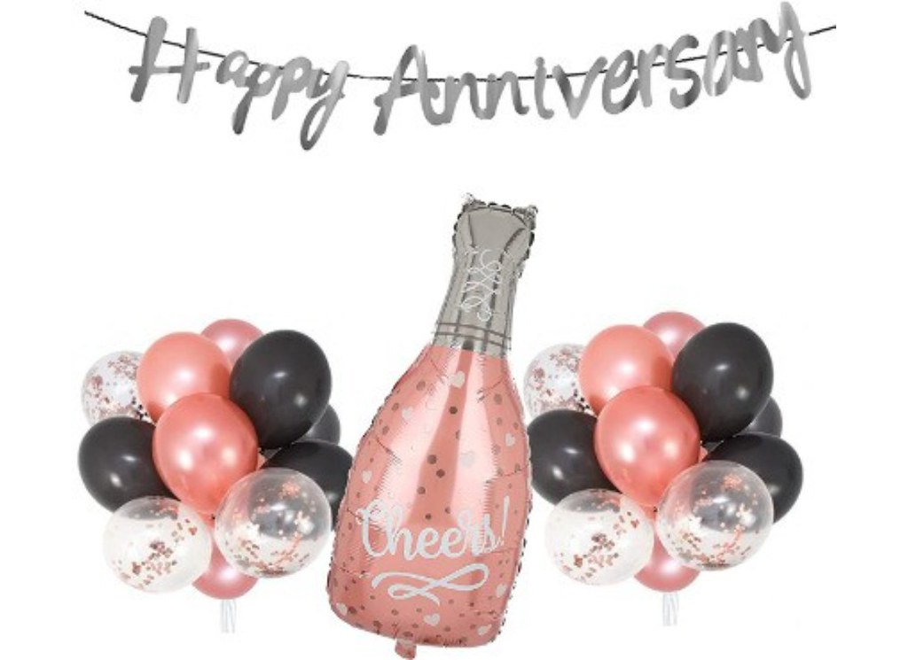 Happy Anniversary Decoration Set Cheer Bottle And Foil Balloons (Rose Gold)