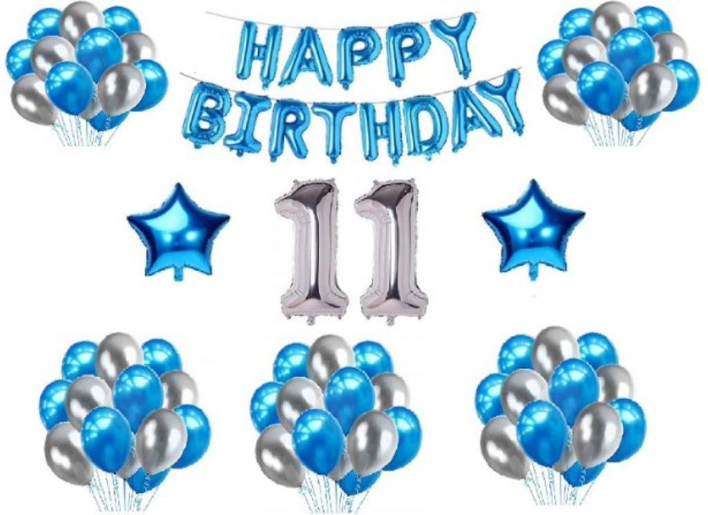 11Th Happy Birthday Decoration Combo With Foil And Star Balloons (Blue, Silver)