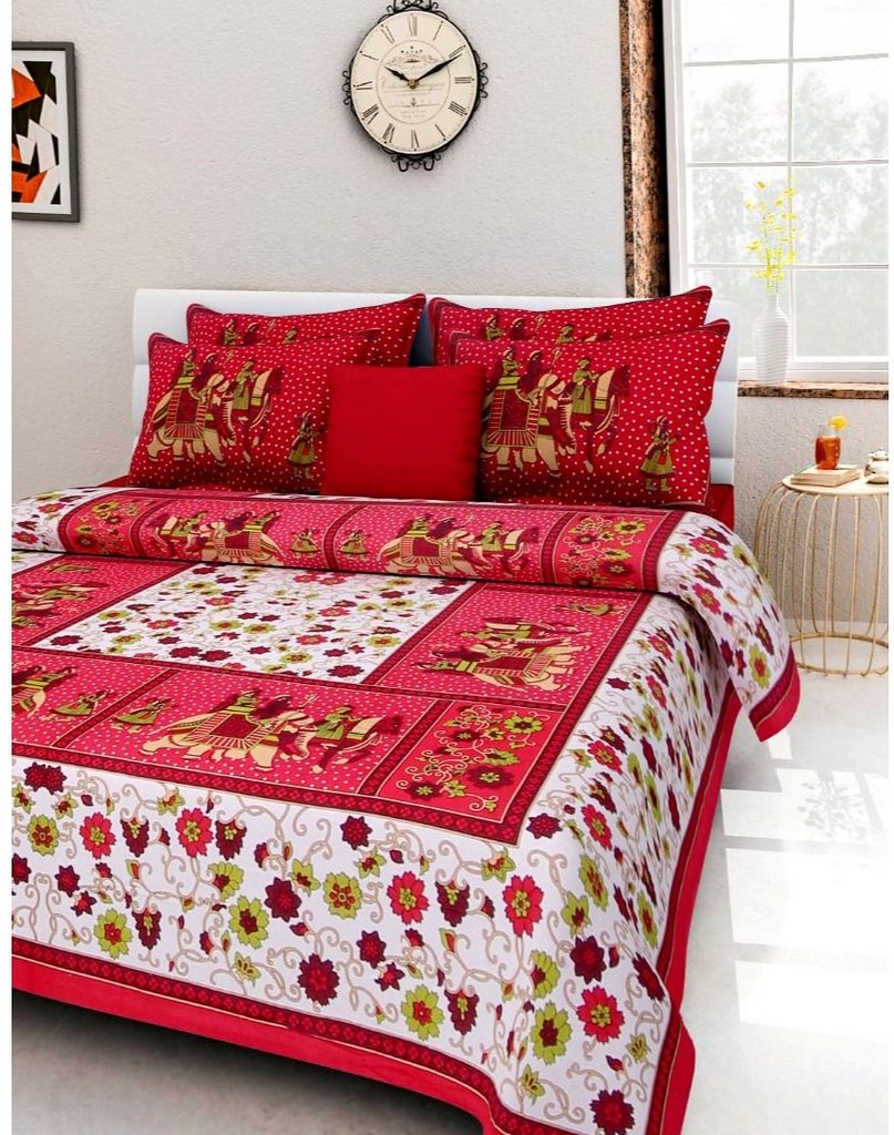Cotton Printed Queen Size Bedsheet With 2 Pillow Covers (Red, 90x100 Inch)