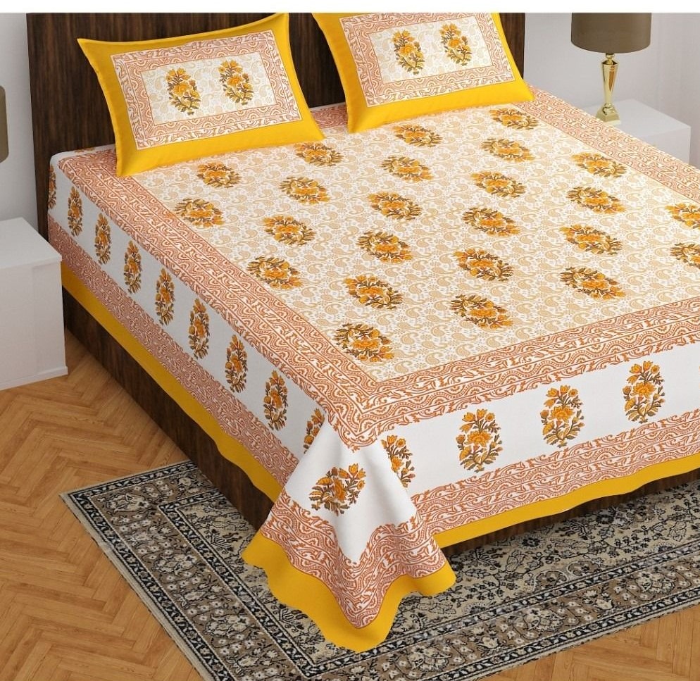 Cotton Printed Queen Size Bedsheet With 2 Pillow Covers (Yellow, 90x100 Inch)