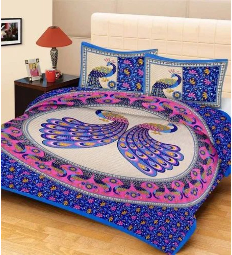 Cotton Printed Queen Size Bedsheet With 2 Pillow Covers (Blue, 90x100 Inch)
