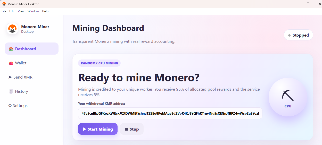 DreMart Monero Miner Desktop dashboard